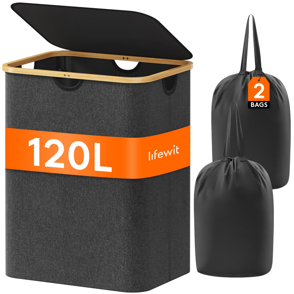 Lifewit 100L Collapsible Laundry Basket with Lid, Black/Gray Laundry Hamper with A Laundry Bag