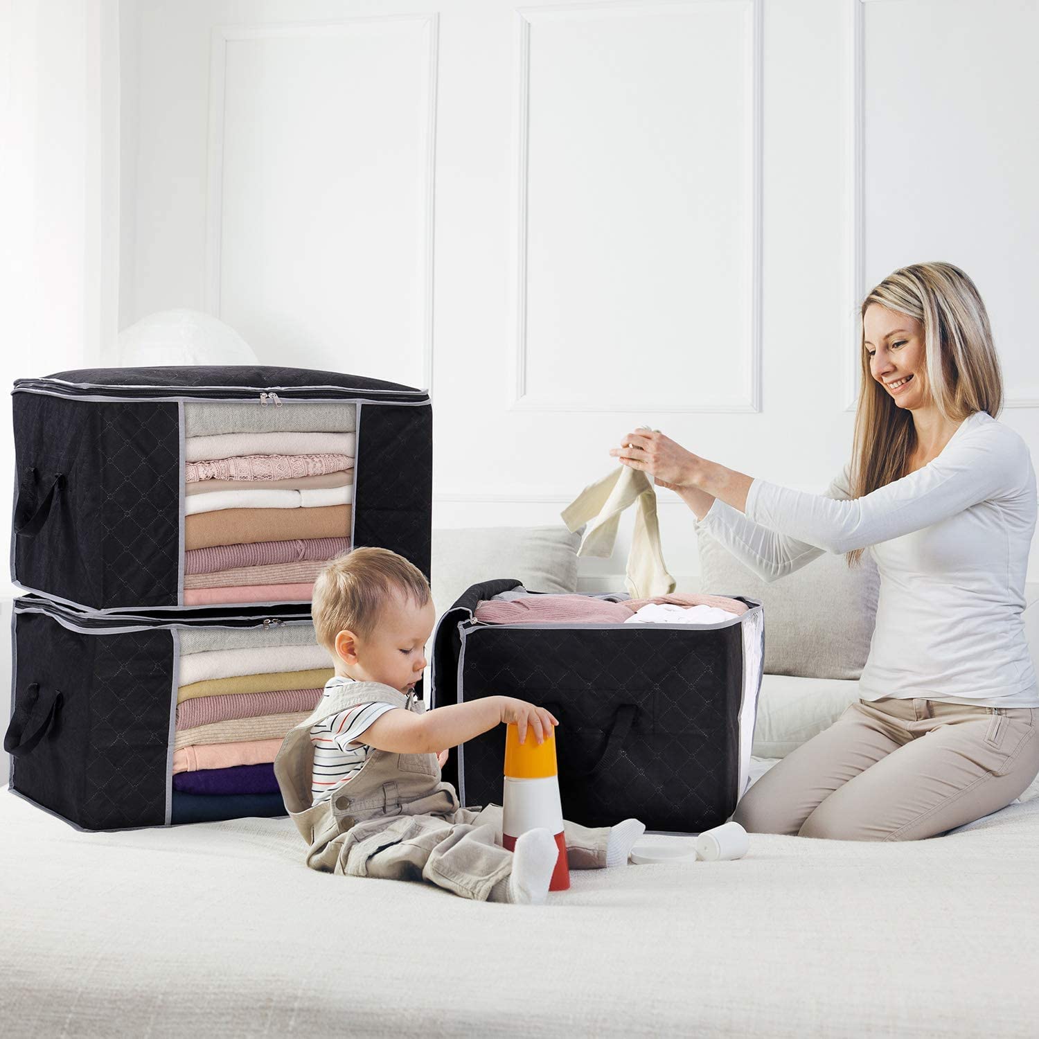 Lifewit 90L Black Clothes Storage Bag with 3 Packs