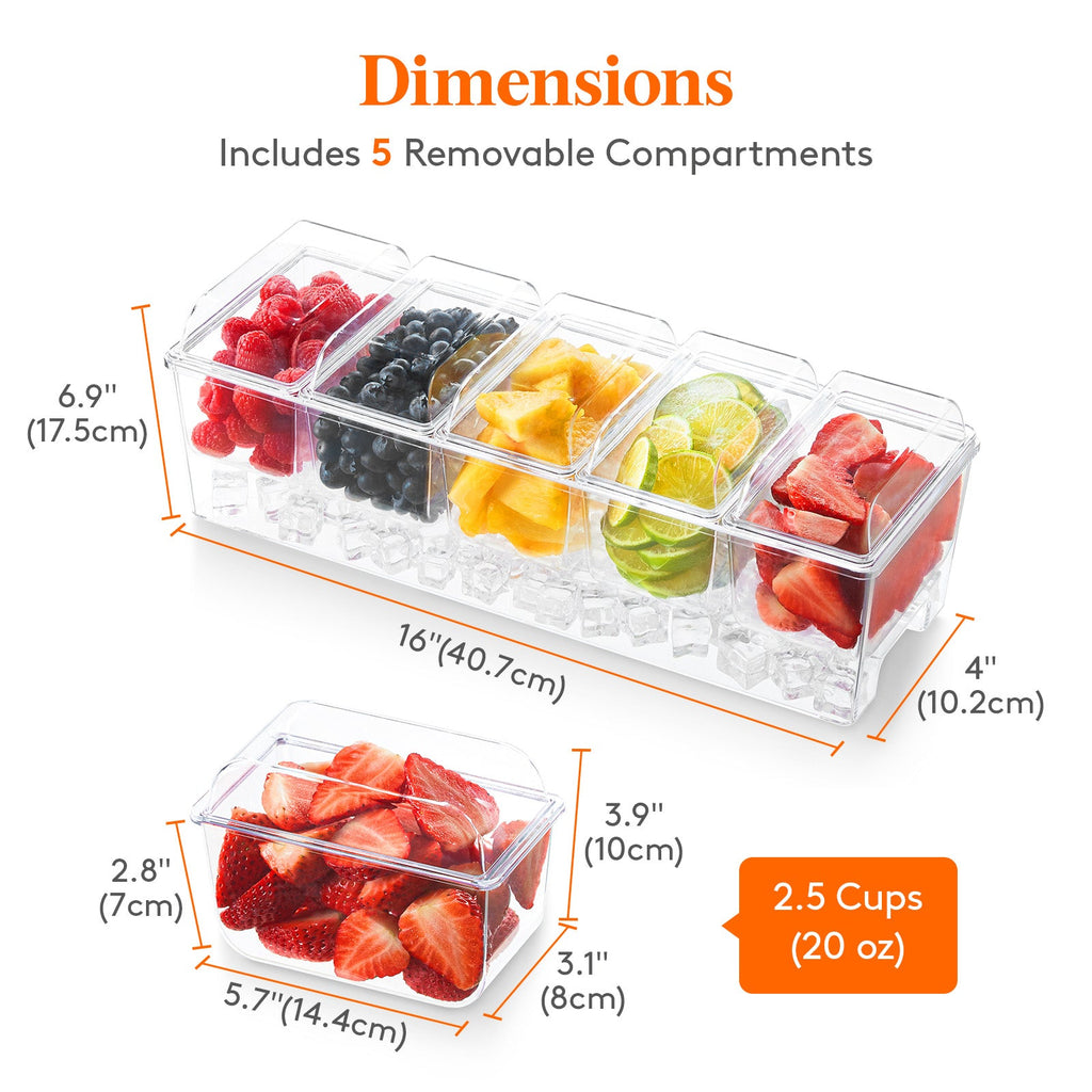 Lifewit Chilled Condiment Box, Condiment Server with 5 Containers (2.5 Cups) Individual Lids, Tray with Removable Plate