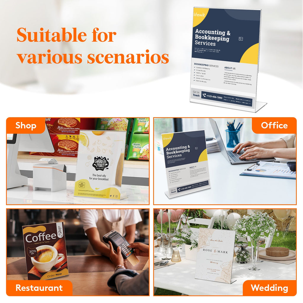 Lifewit 6-pack 8.5x11 Acrylic Transparent L-shaped sign Stand, Paper Flyer Menu Display Stand