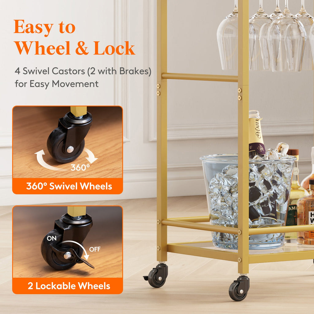 Lifewit Gold Home Service Bar Cart with 2-Tier Glass Shelf Liquor Cart