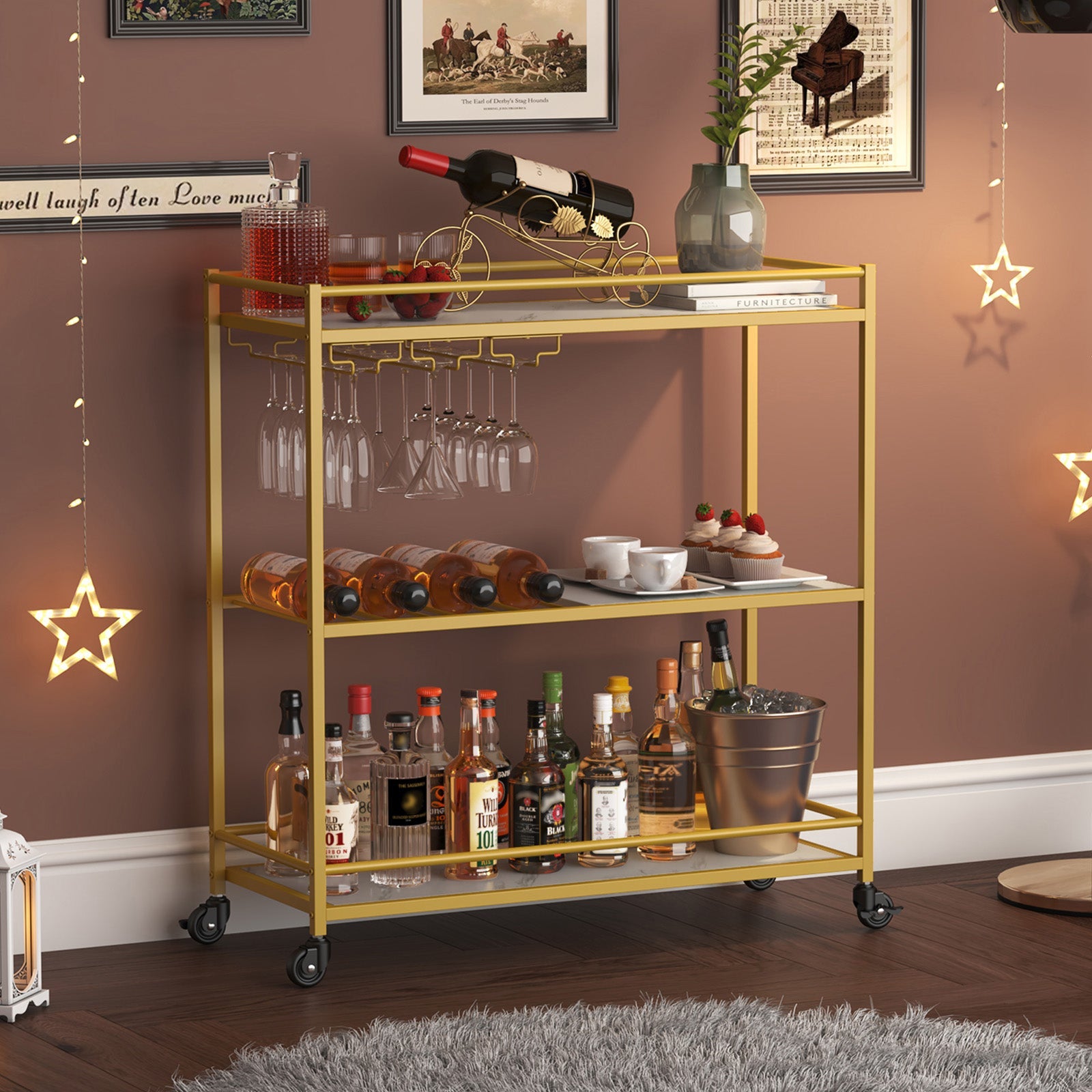 Lifewit gold 3-tier wine cart, home service kitchen dining room living room beverage wine cart