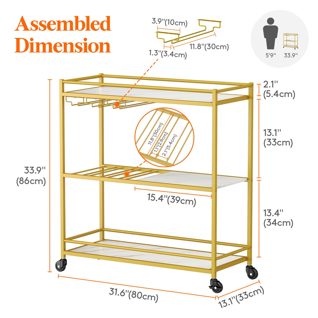 Lifewit gold 3-tier wine cart, home service kitchen dining room living room beverage wine cart
