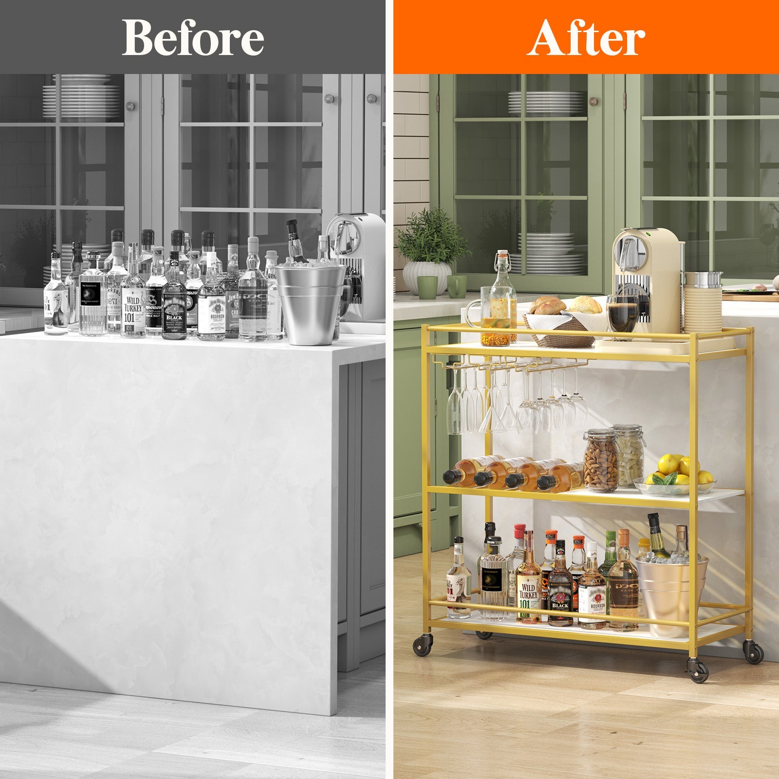 Lifewit gold 3-tier wine cart, home service kitchen dining room living room beverage wine cart