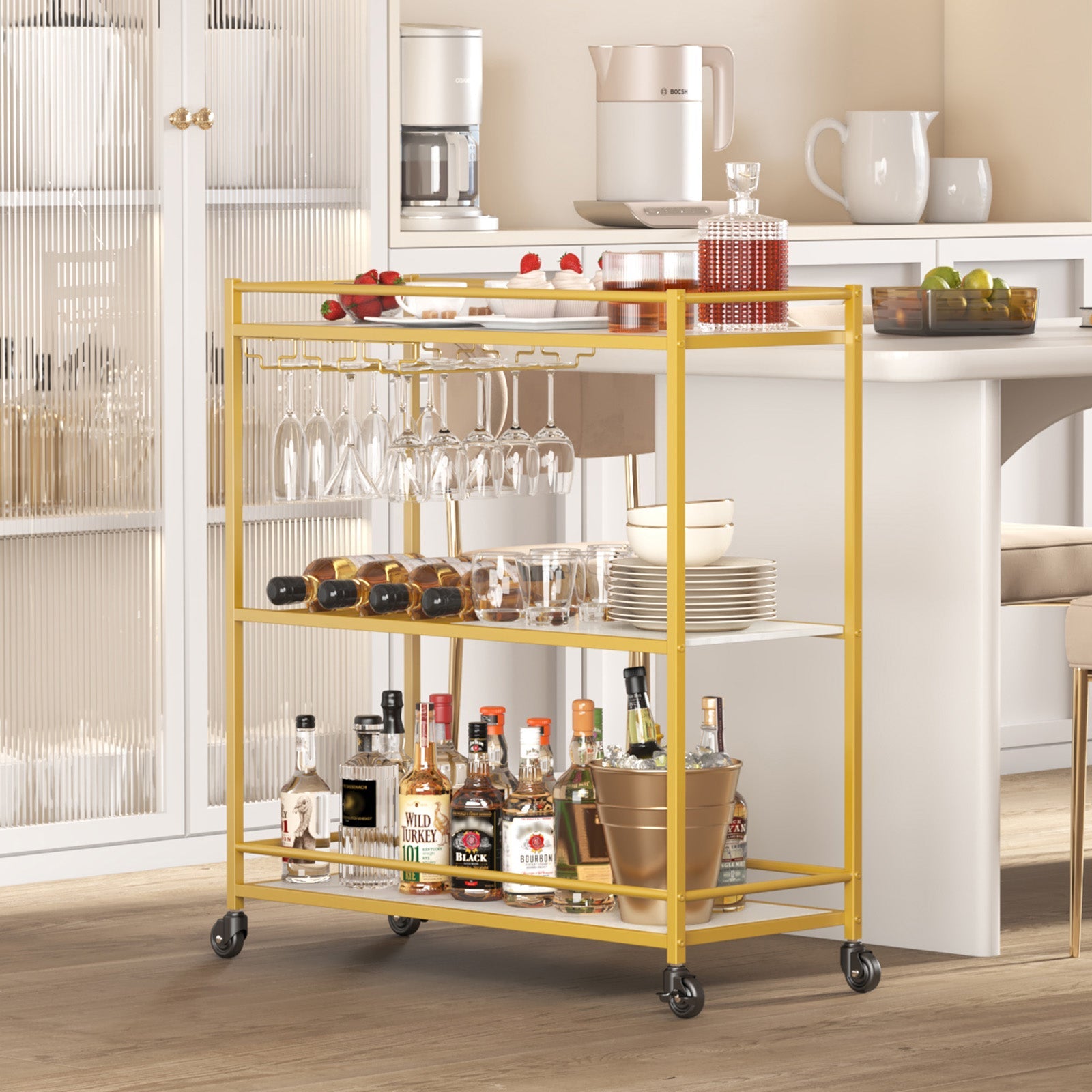 Lifewit gold 3-tier wine cart, home service kitchen dining room living room beverage wine cart