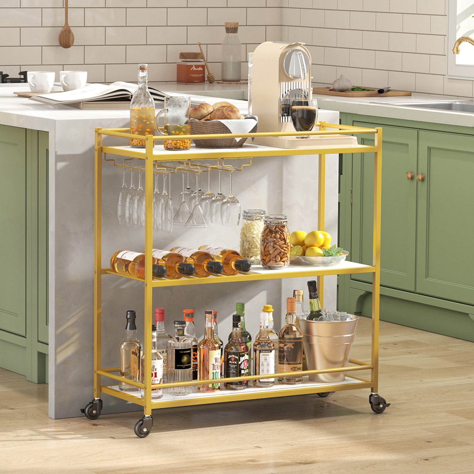 Lifewit gold 3-tier wine cart, home service kitchen dining room living room beverage wine cart