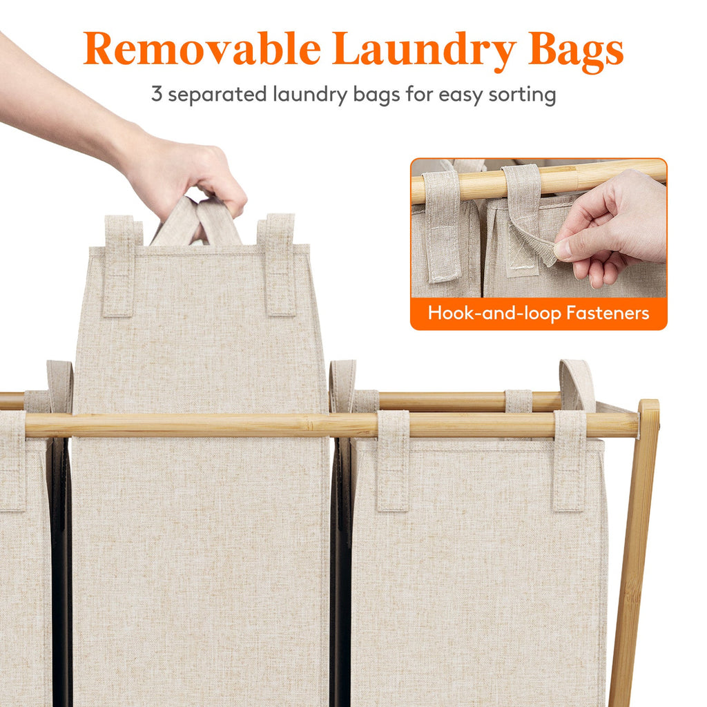 Lifewit 150L Foldable Laundry Basket 3 Section, Large Bamboo X-Frame Laundry Basket Sorter Gray