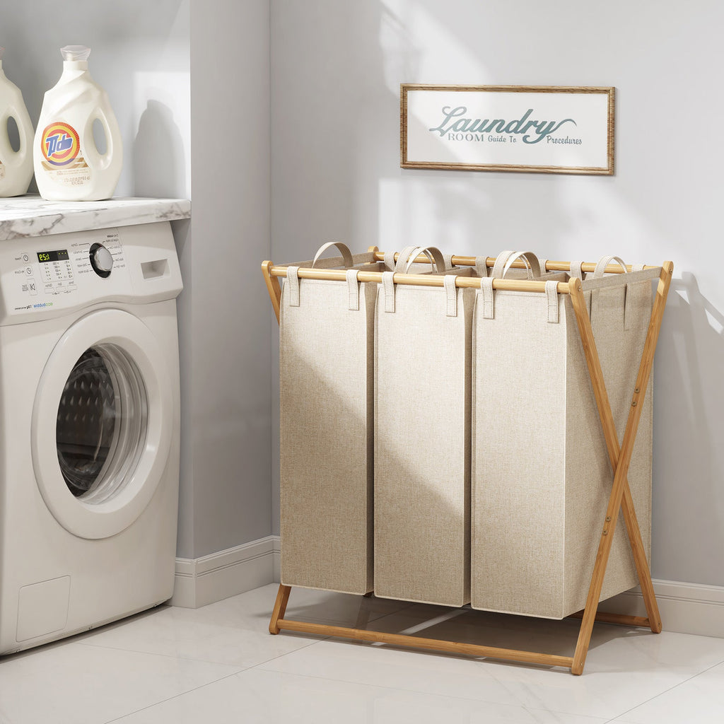 Lifewit 150L Foldable Laundry Basket 3 Section, Large Bamboo X-Frame Laundry Basket Sorter Gray