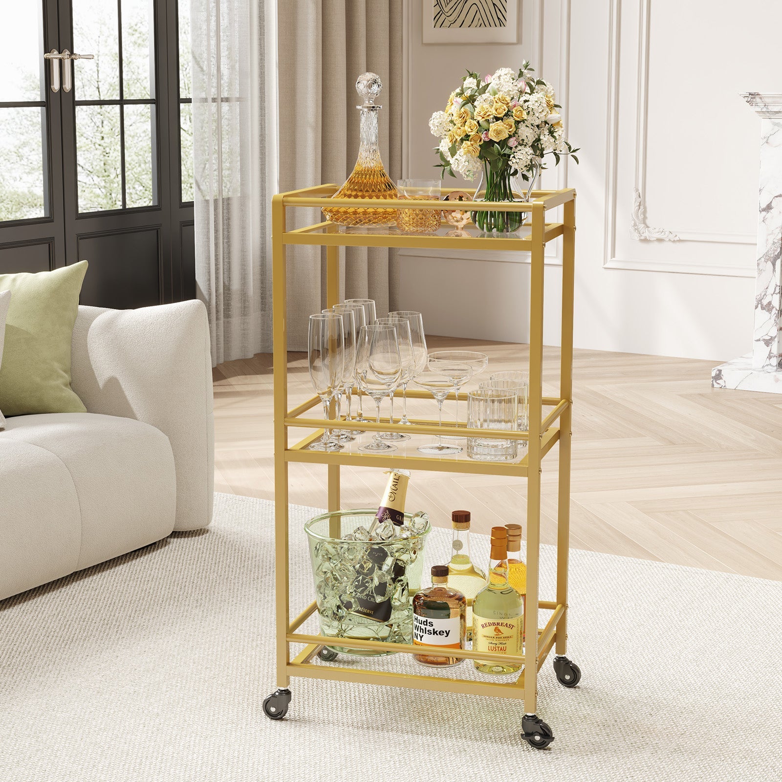 Lifewit 3 -layer glass shelf lock wheel gold bar cart cart