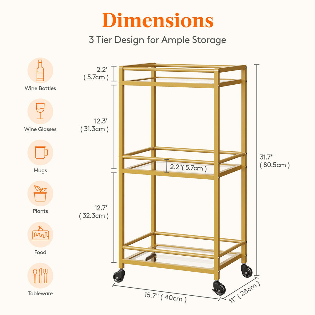 Lifewit 3 -layer glass shelf lock wheel gold bar cart cart