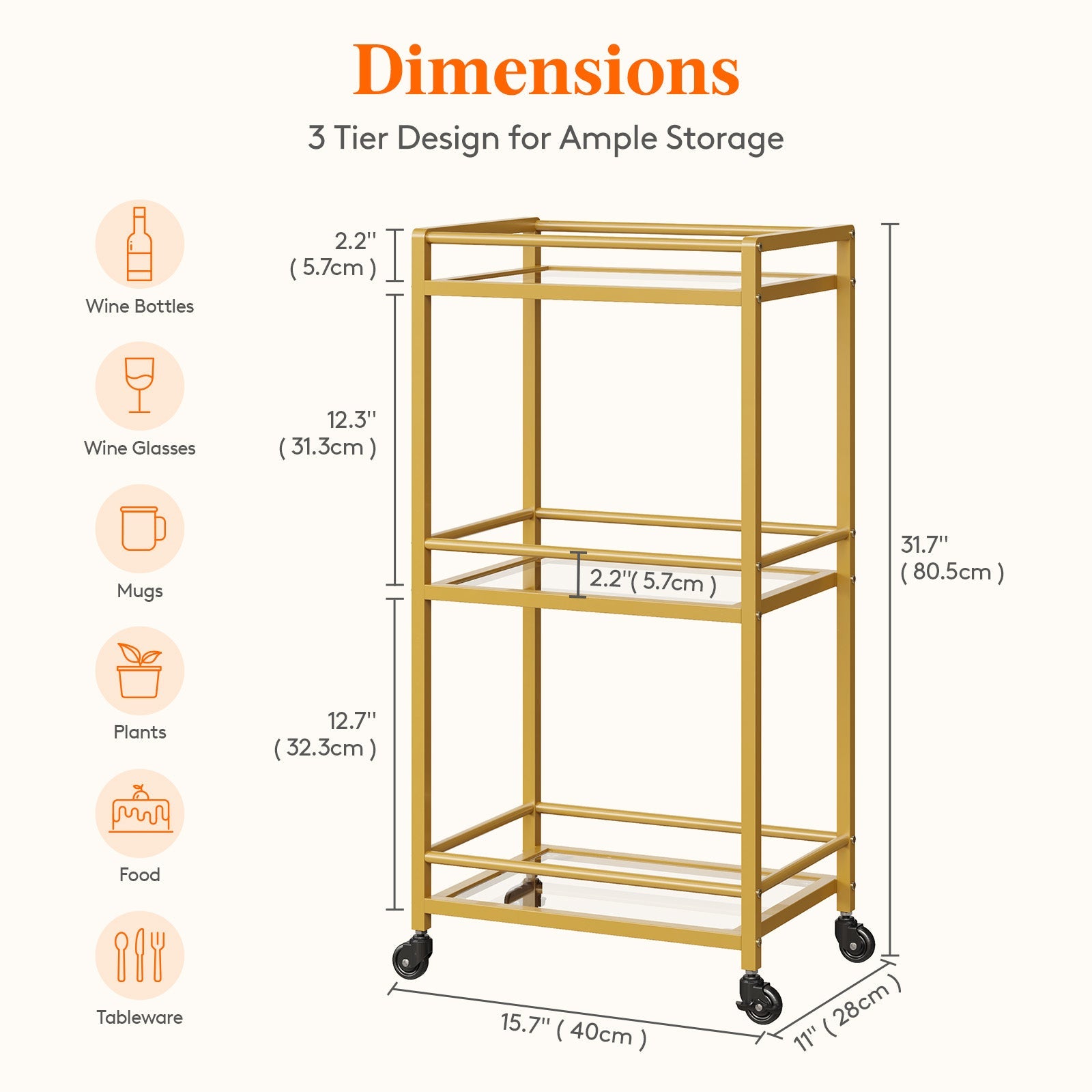 Lifewit 3 -layer glass shelf lock wheel gold bar cart cart