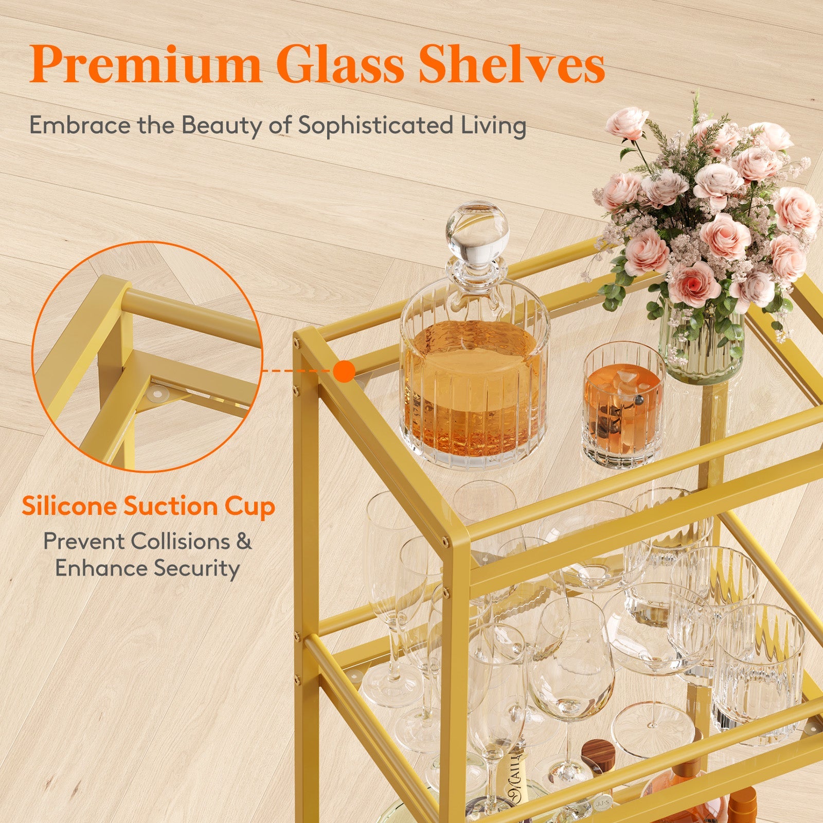 Lifewit 3 -layer glass shelf lock wheel gold bar cart cart