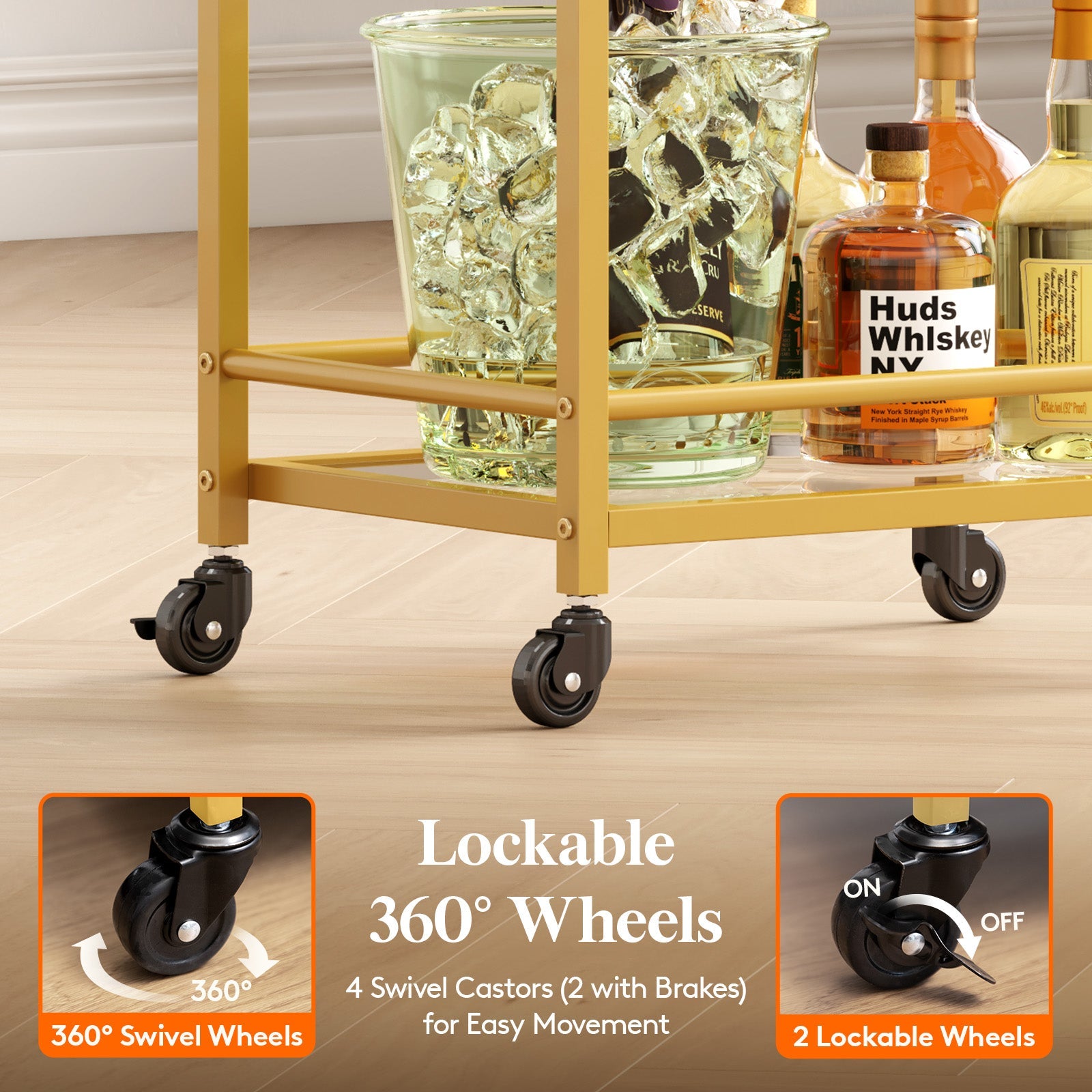 Lifewit 3 -layer glass shelf lock wheel gold bar cart cart