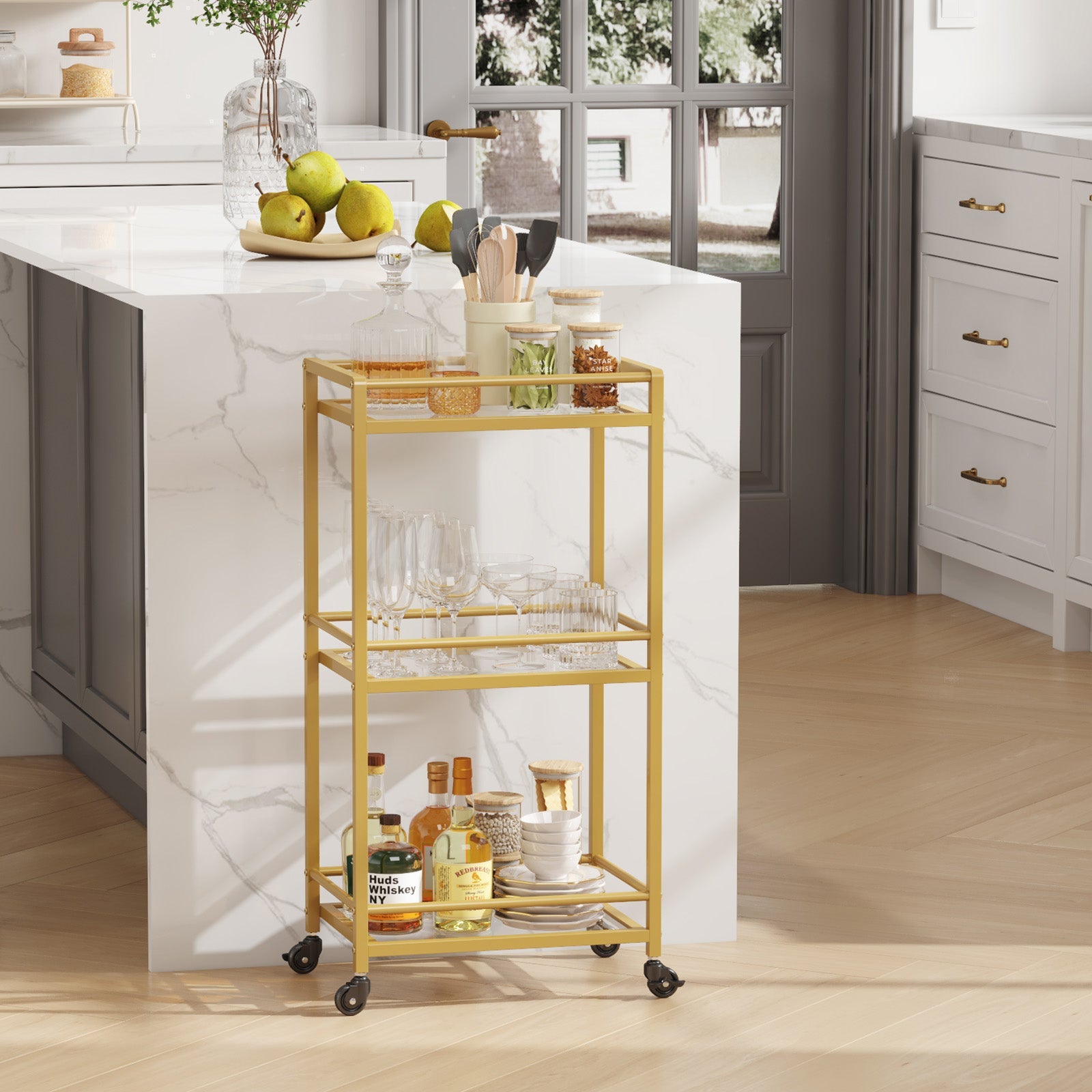Lifewit 3 -layer glass shelf lock wheel gold bar cart cart