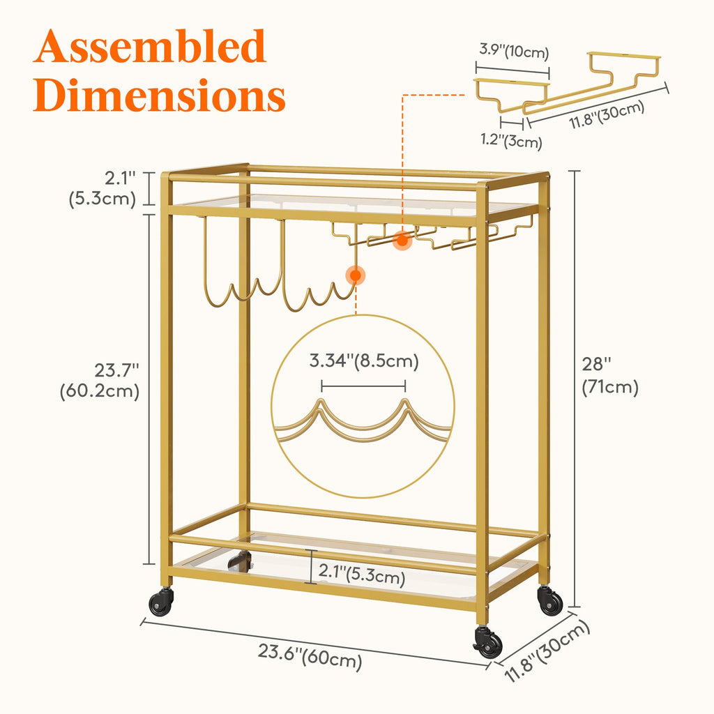 Lifewit Home Serving Cart with 2 Glass Shelves, Gold