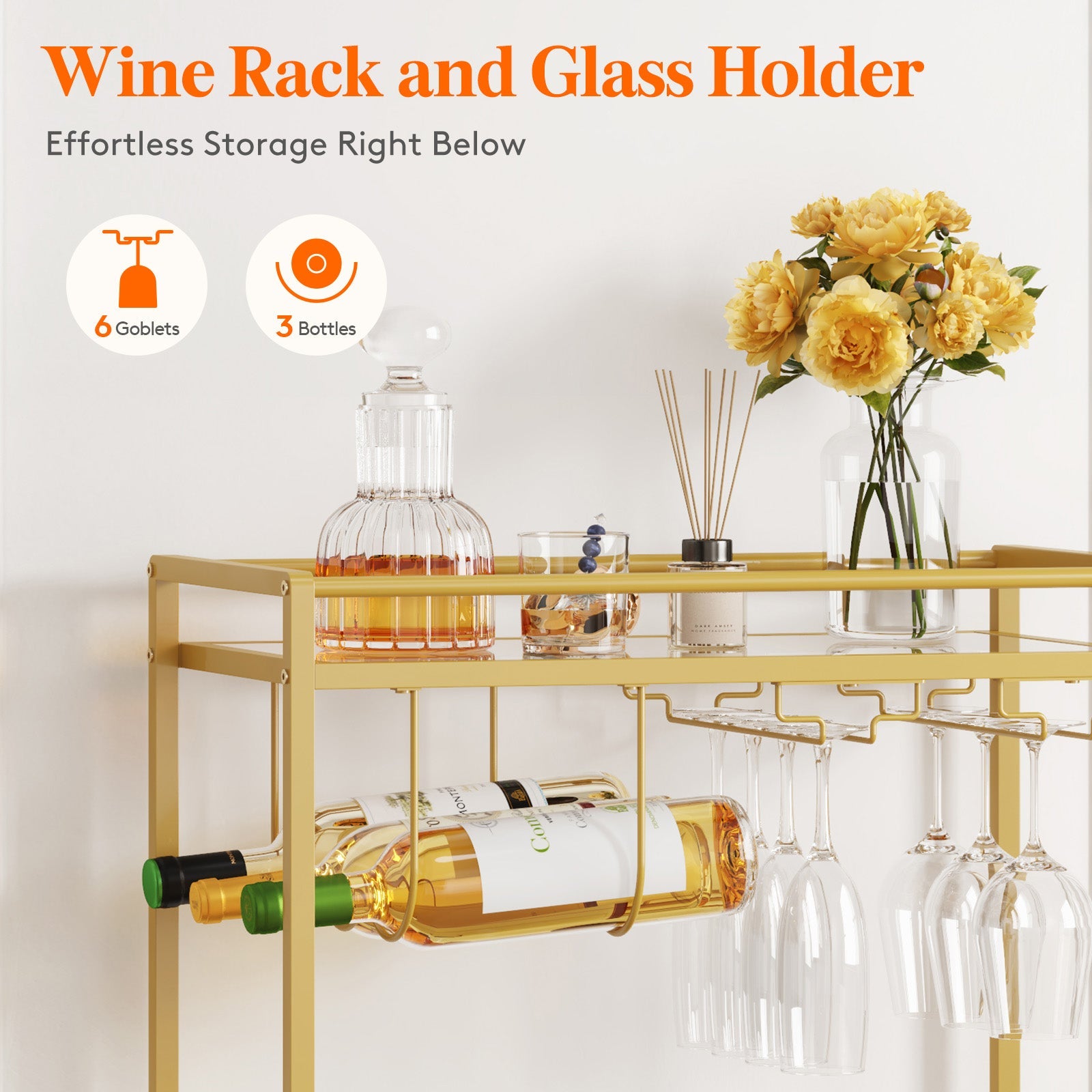 Lifewit Home Serving Cart with 2 Glass Shelves, Gold