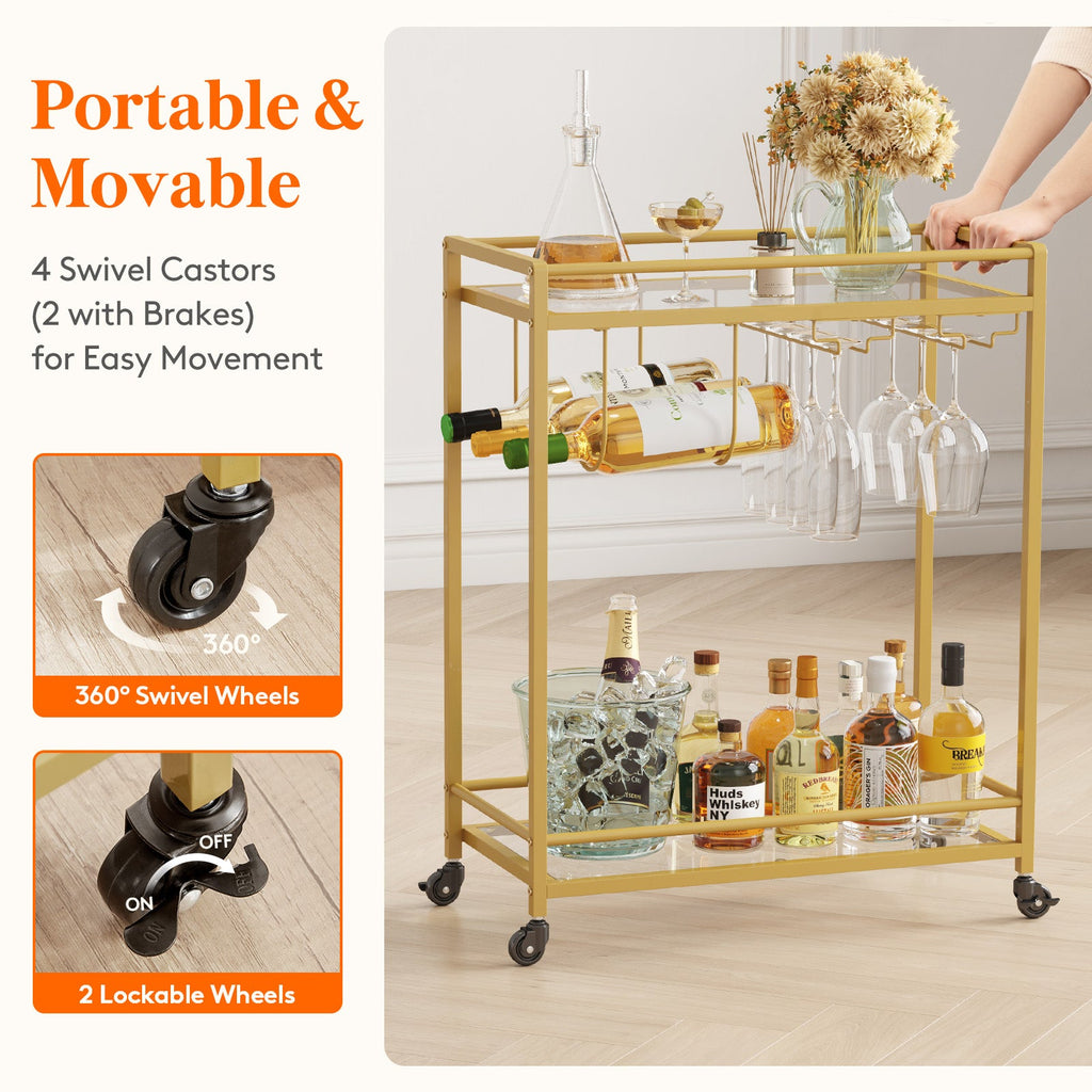 Lifewit Home Serving Cart with 2 Glass Shelves, Gold