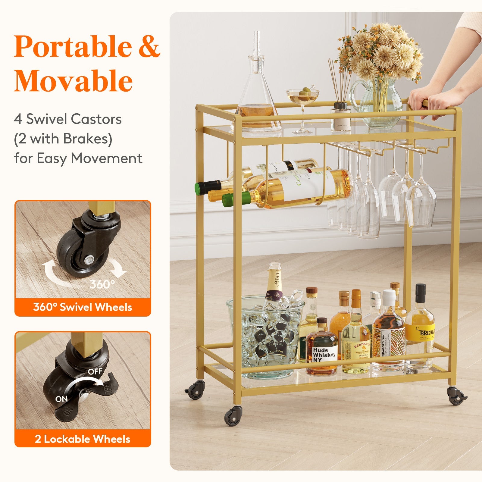 Lifewit Home Serving Cart with 2 Glass Shelves, Gold