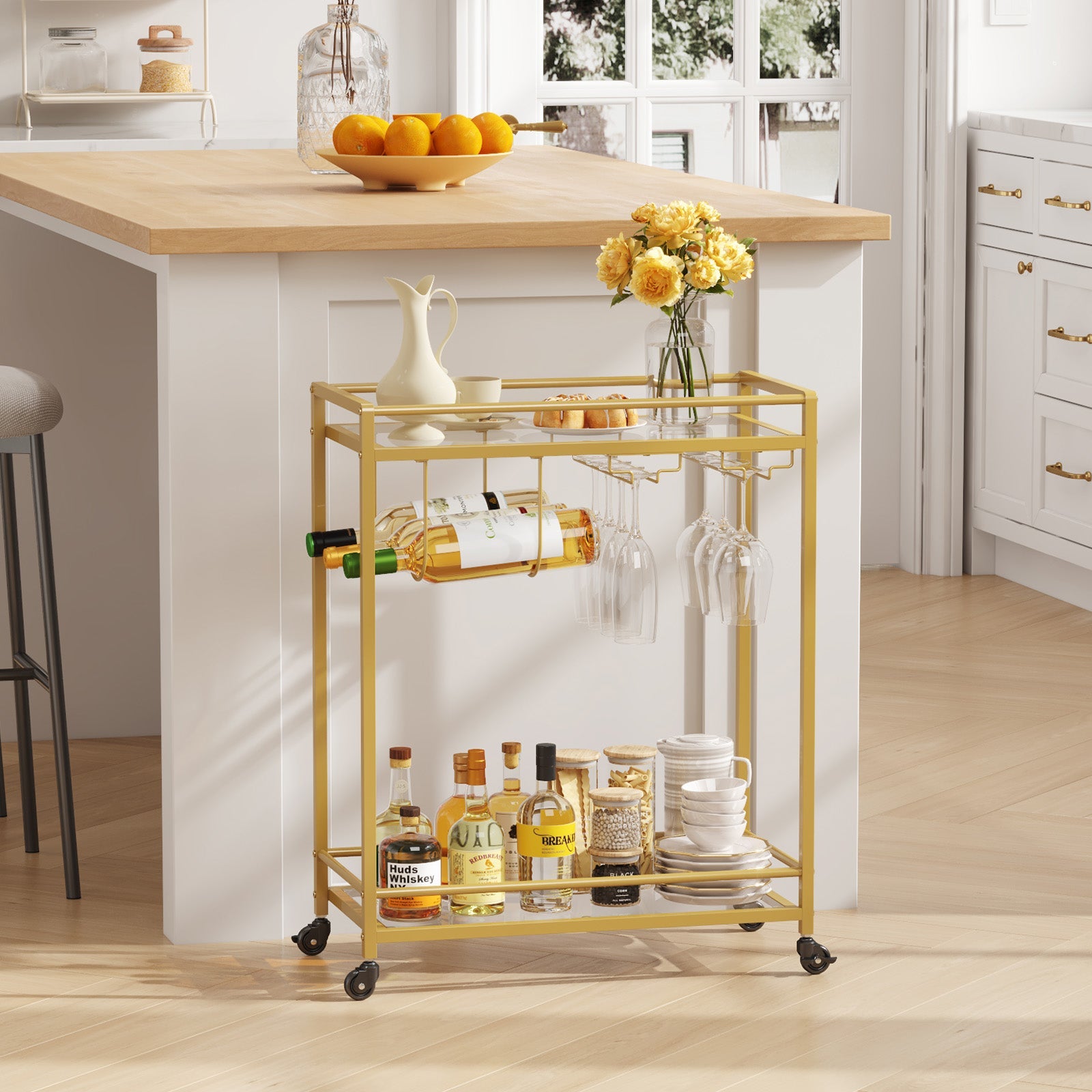 Lifewit Home Serving Cart with 2 Glass Shelves, Gold