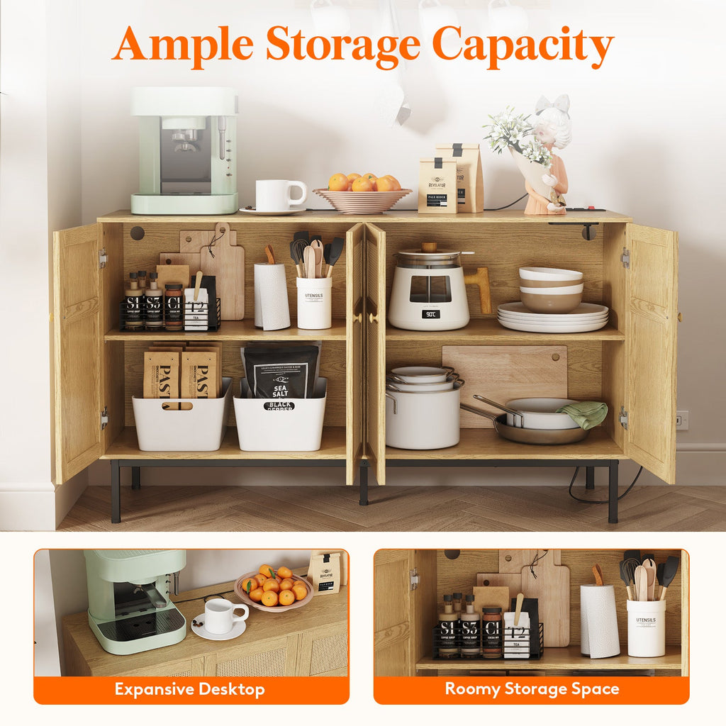 Lifewit Rattan Sideboard with Power Socket, 4 Doors, Natural