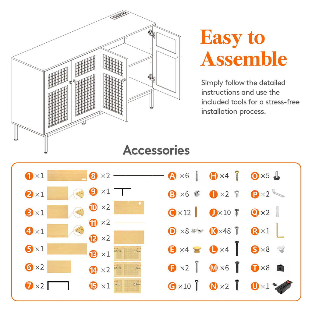 Lifewit Rattan Sideboard with Power Socket, 4 Doors, Natural