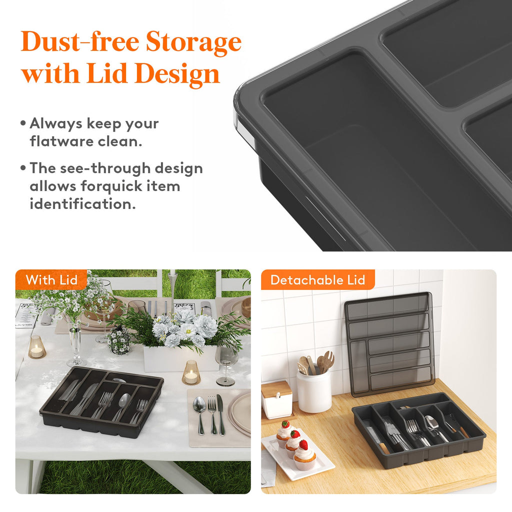 Lifewit Silverware Organizer with Lid for Kitchen Drawer Cutlery Tray, 6 Compartments, Black