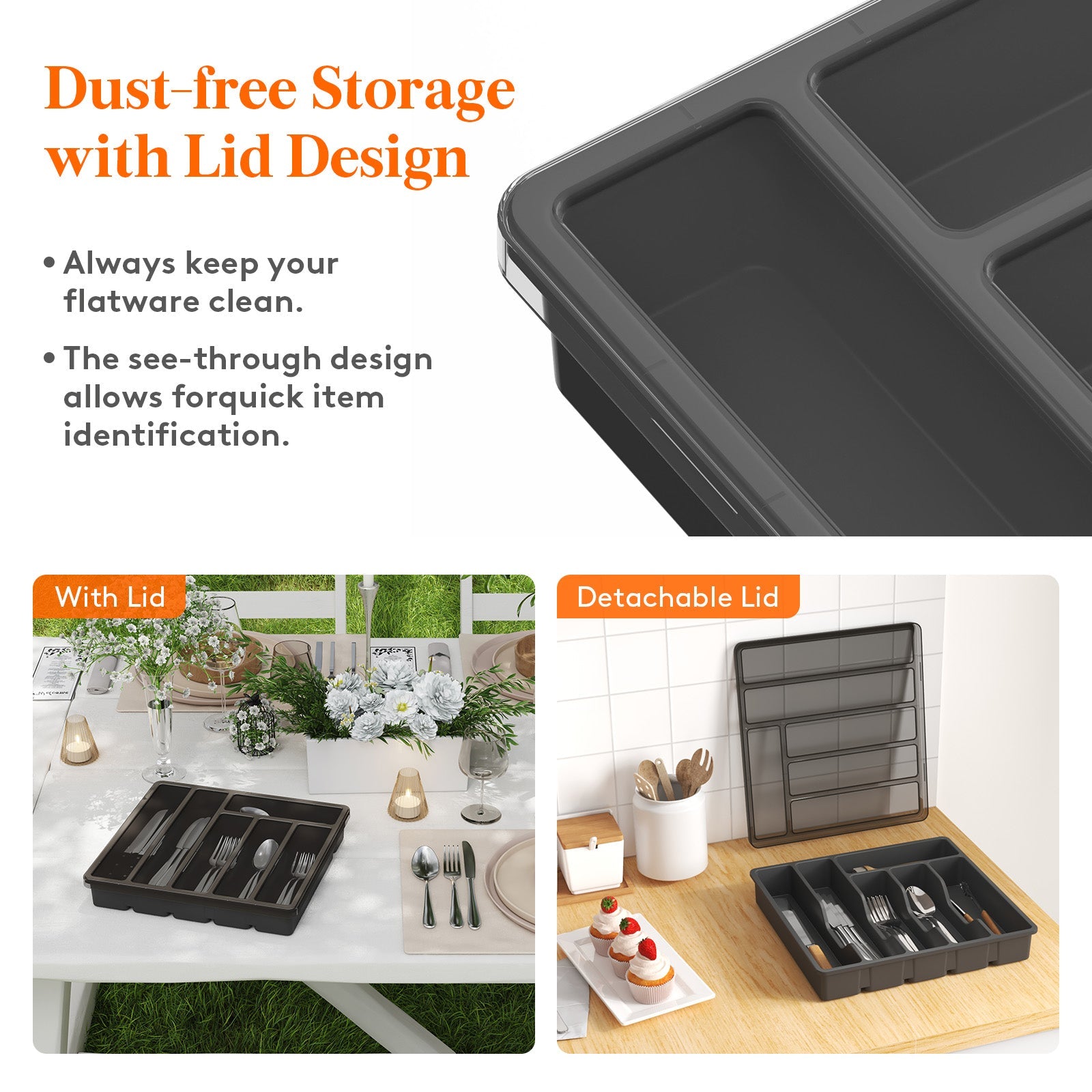 Lifewit Silverware Organizer with Lid for Kitchen Drawer Cutlery Tray, 6 Compartments, Black