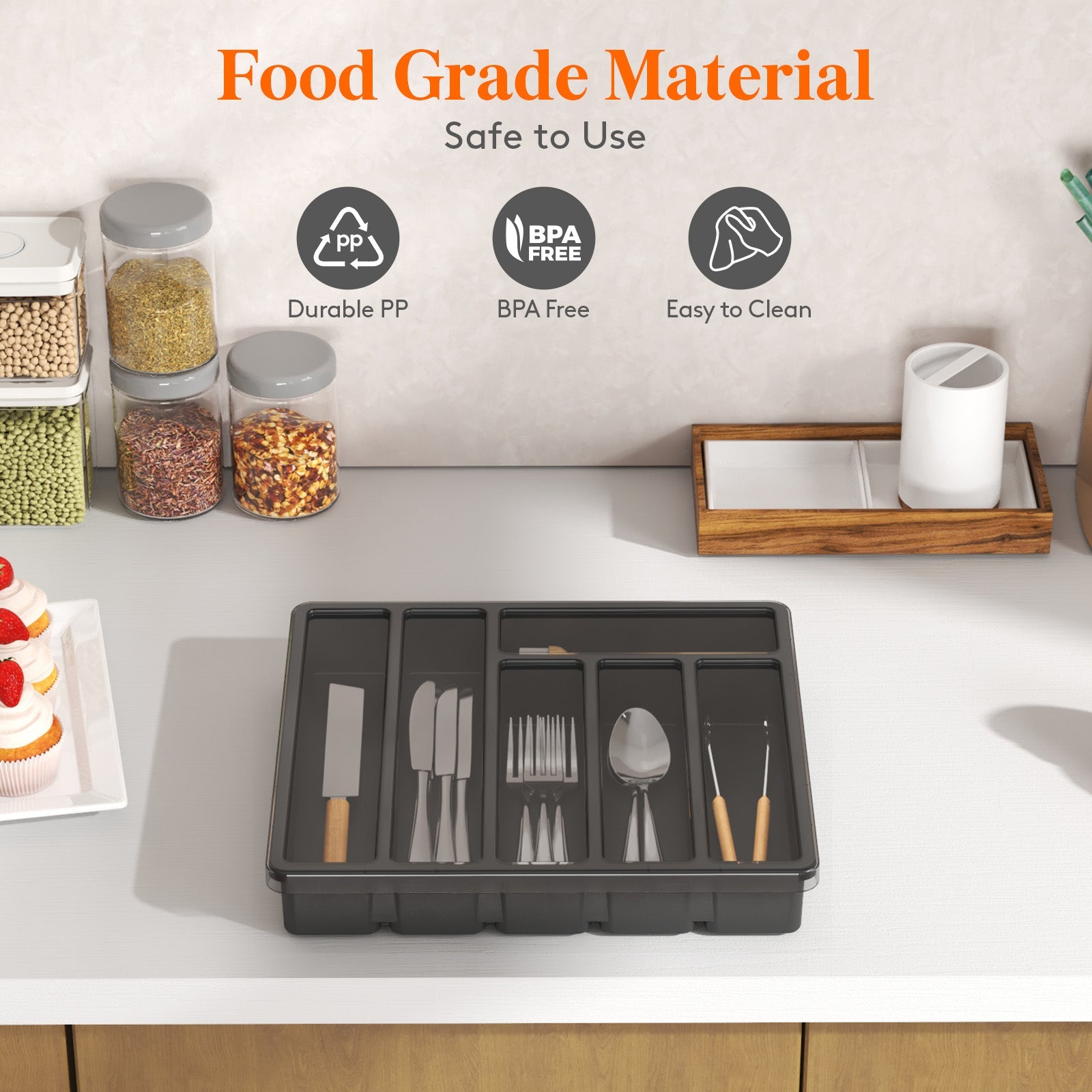 Lifewit Silverware Organizer with Lid for Kitchen Drawer Cutlery Tray, 6 Compartments, Black