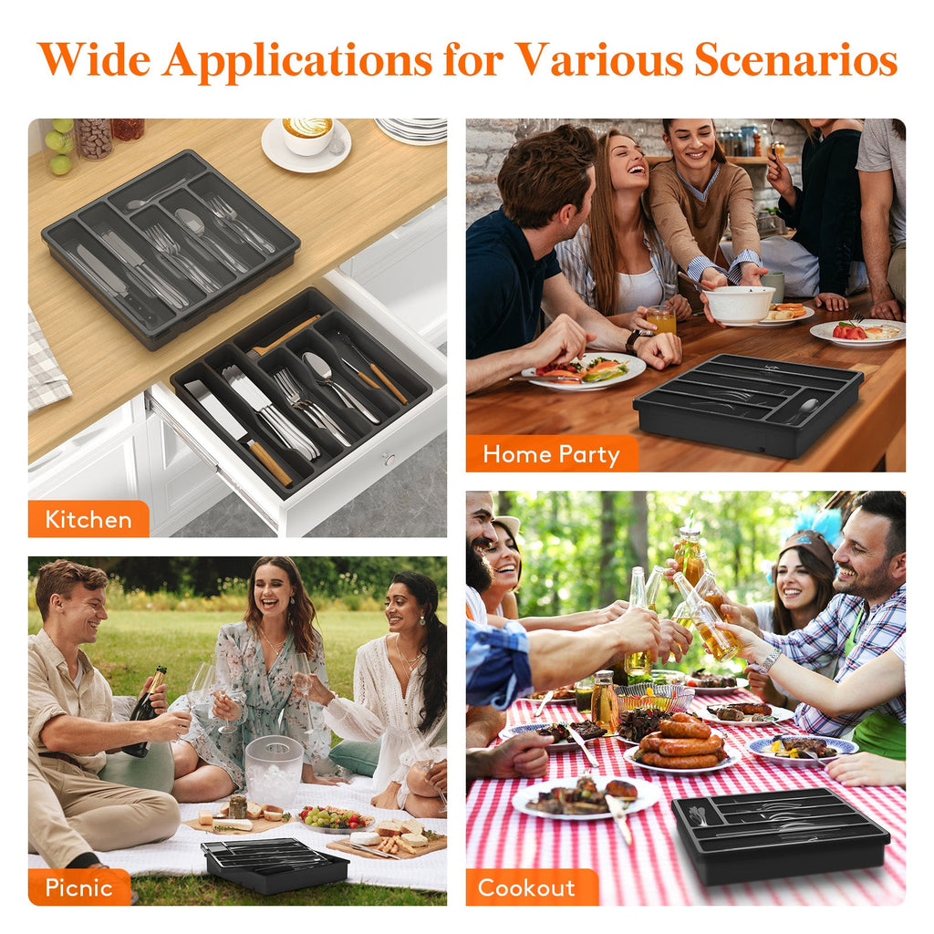 Lifewit Silverware Organizer with Lid for Kitchen Drawer Cutlery Tray, 6 Compartments, Black