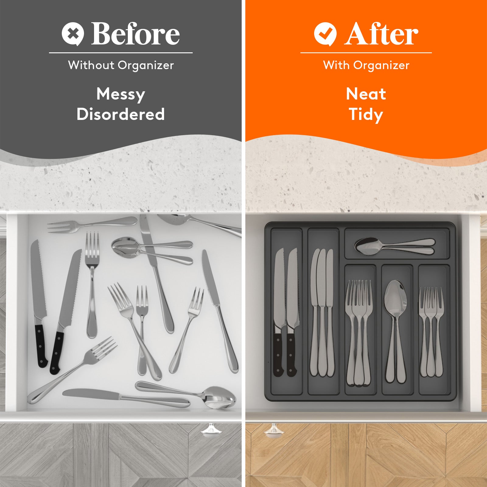 Lifewit Silverware Organizer with Lid for Kitchen Drawer Cutlery Tray, 6 Compartments, Black