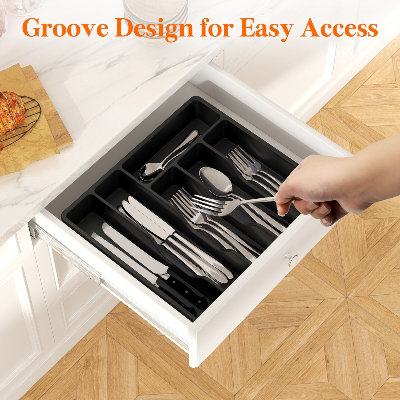 Lifewit Silverware Organizer with Lid for Kitchen Drawer Cutlery Tray, 6 Compartments, Black