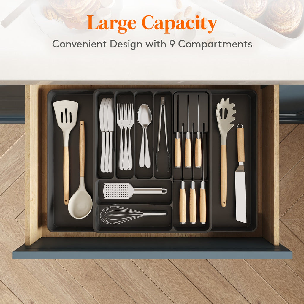 Lifewit Large Black Kitchen Drawer Silverware Organizer with Removable Knife Holder Expandable Cutlery Tray for Kitchen Drawer