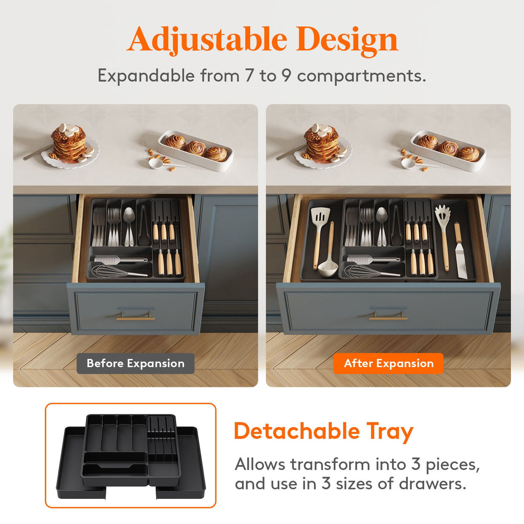 Lifewit Large Black Kitchen Drawer Silverware Organizer with Removable Knife Holder Expandable Cutlery Tray for Kitchen Drawer