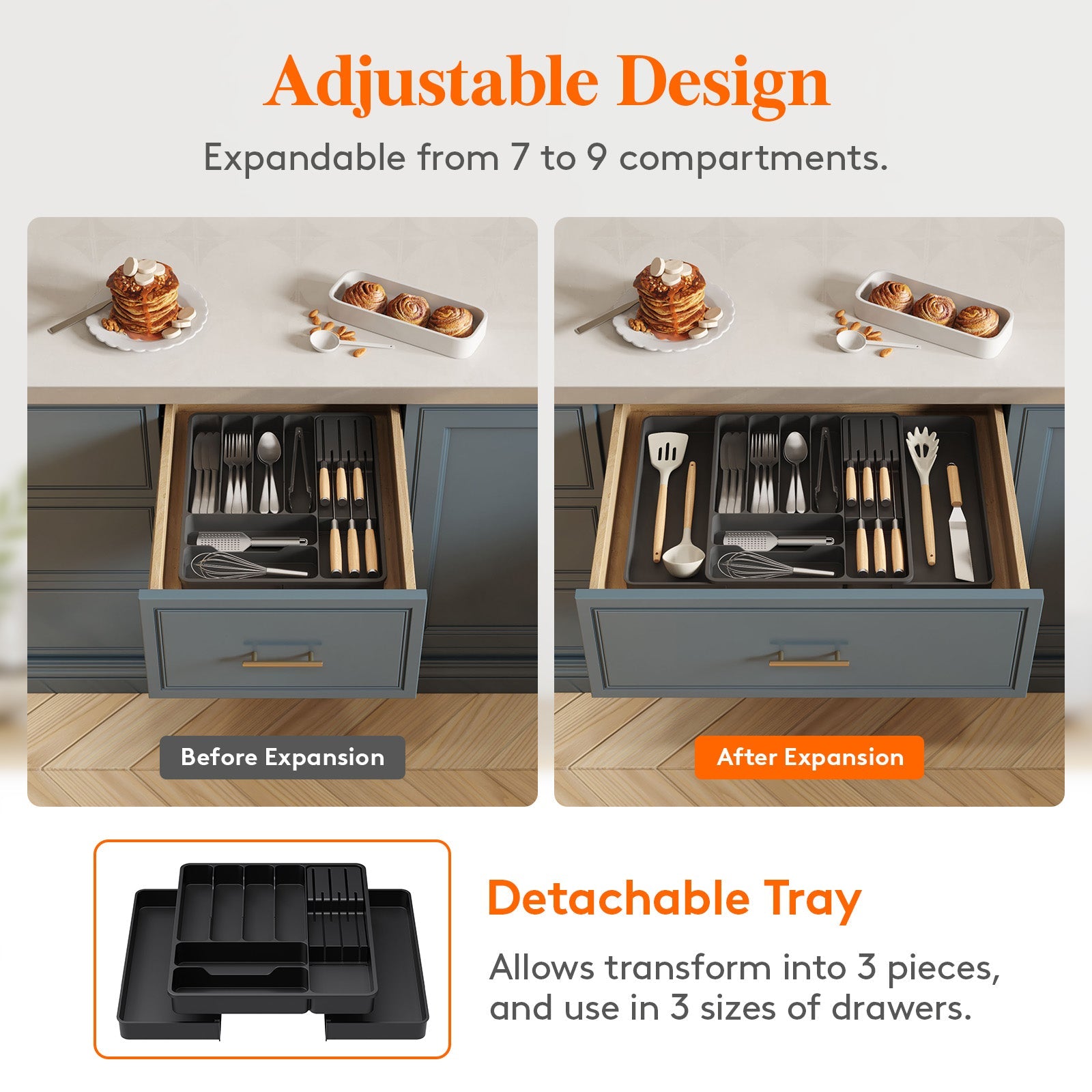 Lifewit Large Black Kitchen Drawer Silverware Organizer with Removable Knife Holder Expandable Cutlery Tray for Kitchen Drawer