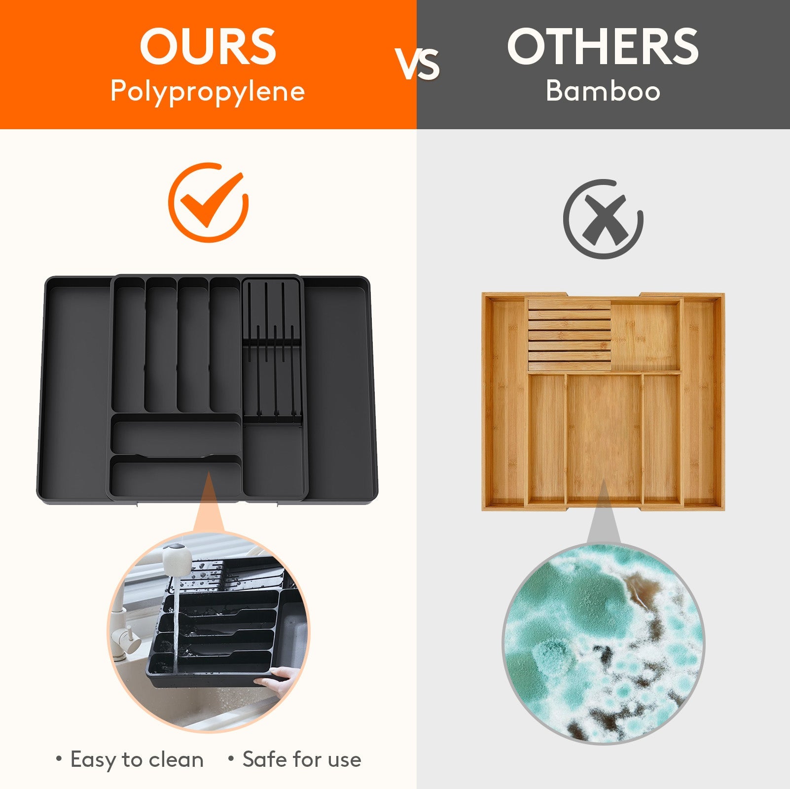 Lifewit Large Black Kitchen Drawer Silverware Organizer with Removable Knife Holder Expandable Cutlery Tray for Kitchen Drawer