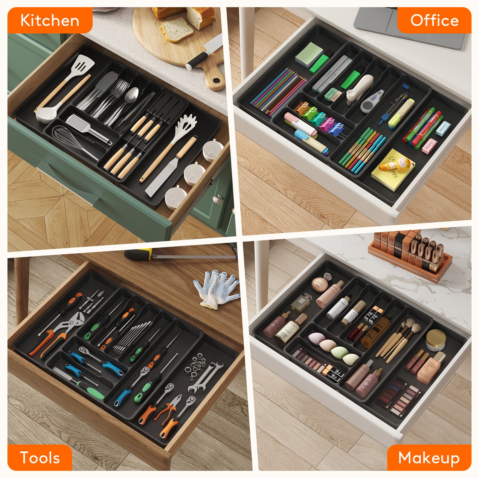 Lifewit Large Black Kitchen Drawer Silverware Organizer with Removable Knife Holder Expandable Cutlery Tray for Kitchen Drawer