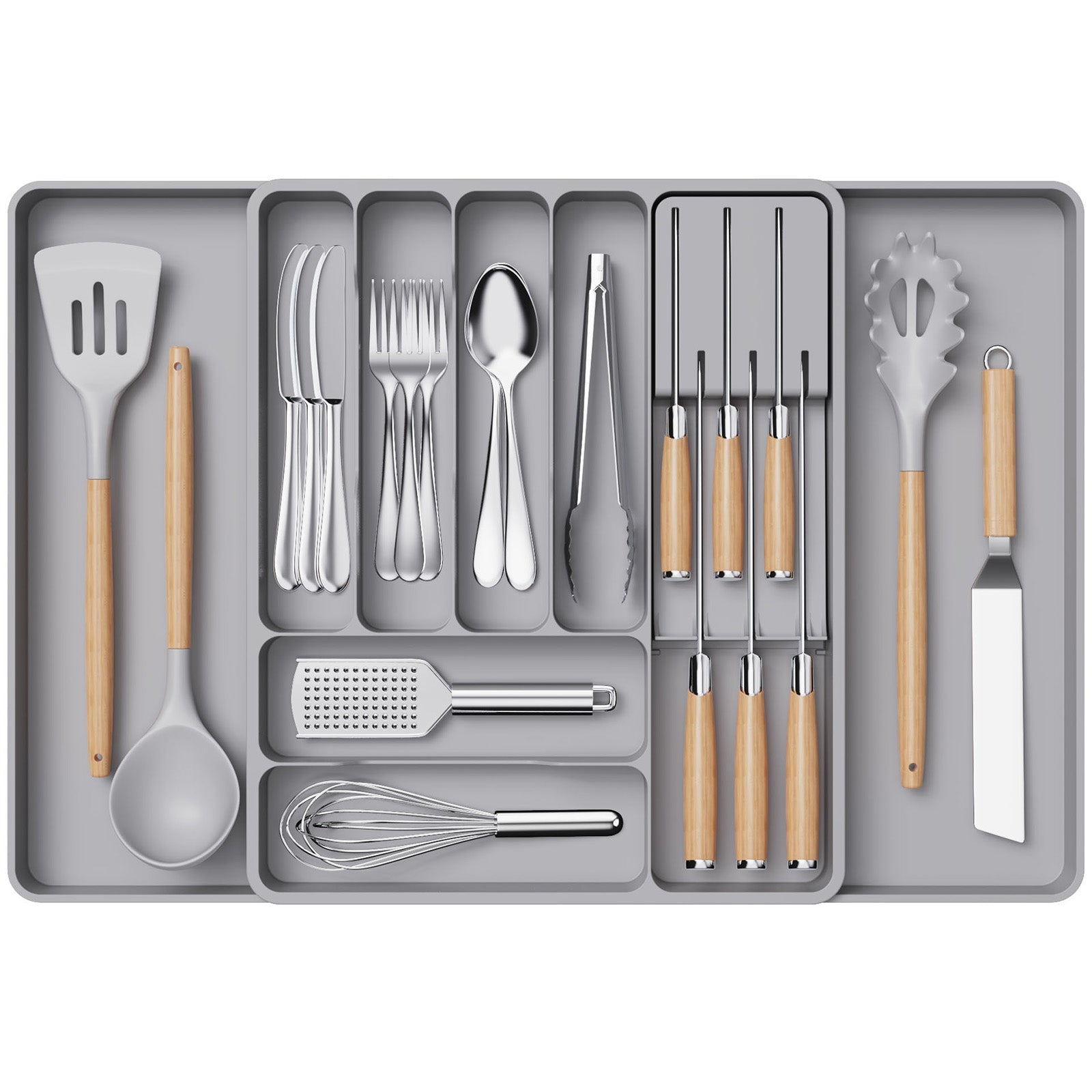 Lifewit Large Black Kitchen Drawer Silverware Organizer with Removable Knife Holder Expandable Cutlery Tray for Kitchen Drawer