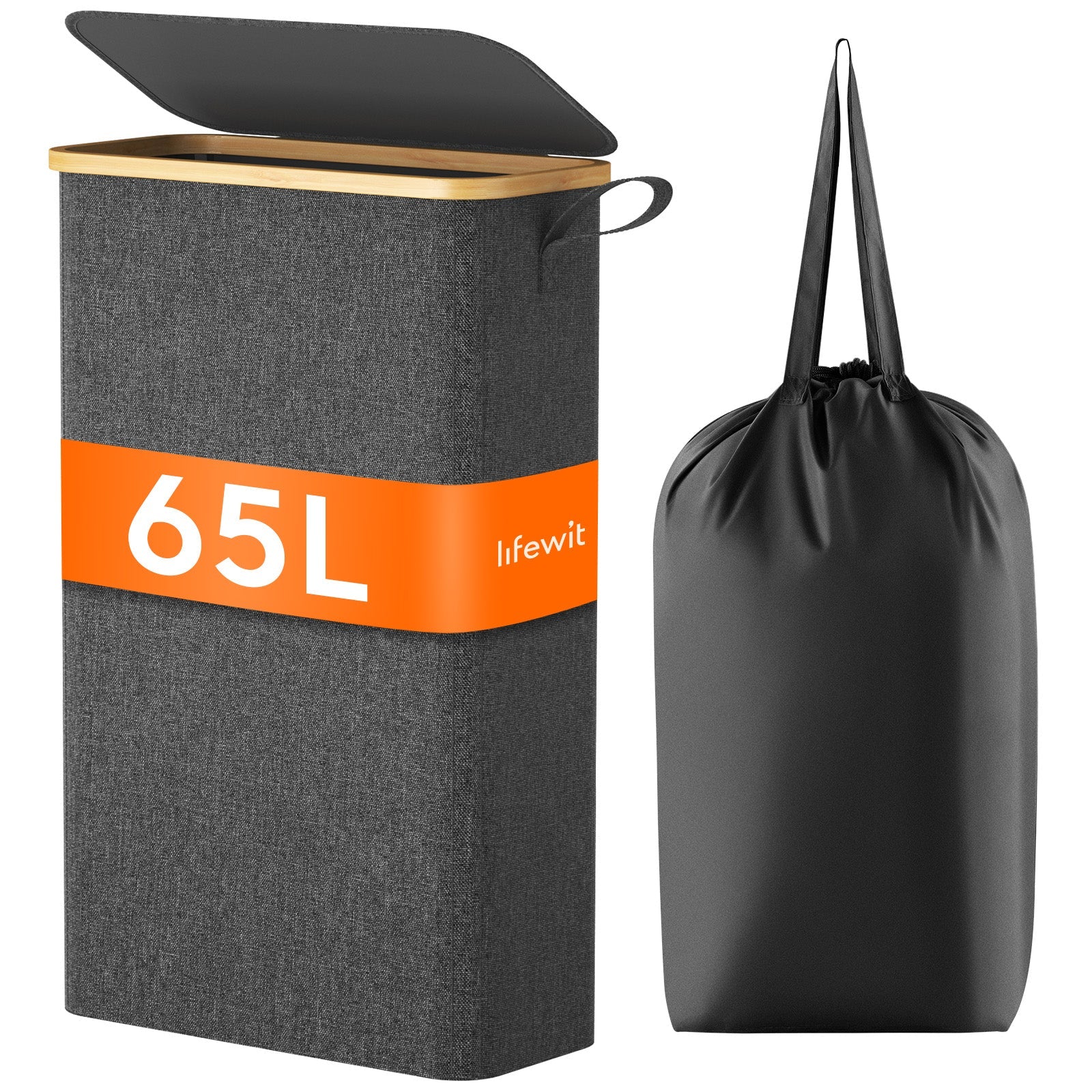 Lifewit 65L Grey Ultra-thin Laundry Hamper with Lid, Narrow Foldable Laundry Hamper
