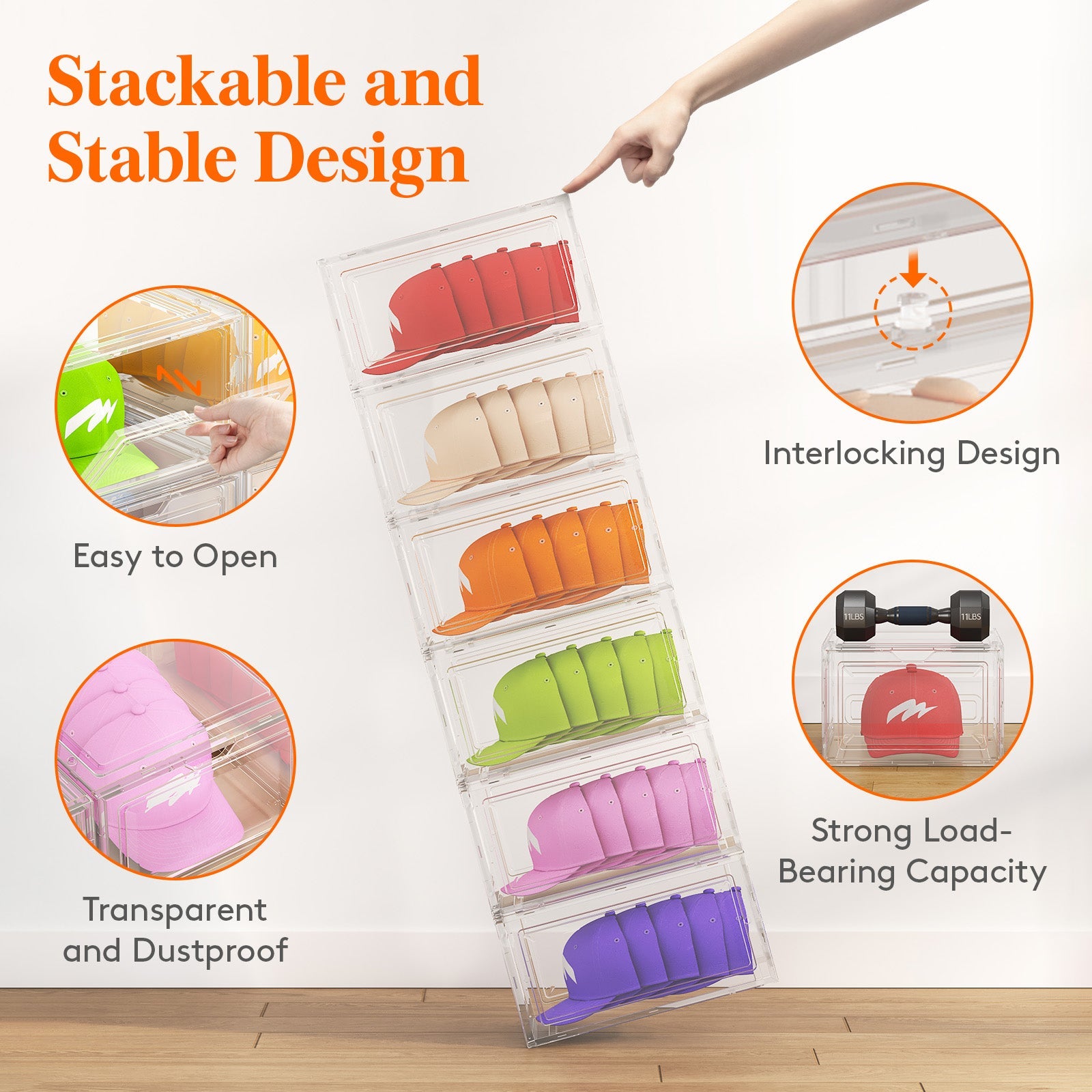 Lifewit 6-Pack Baseball Cap Hat Storage Box, Clear Hat Display Container