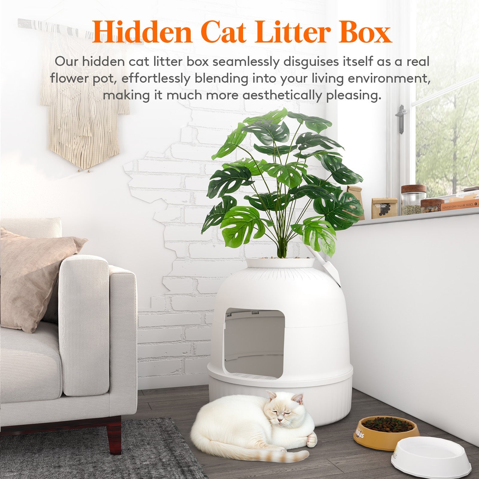 Lifewit White Hidden Litter Box with Faux Plants and Shovel