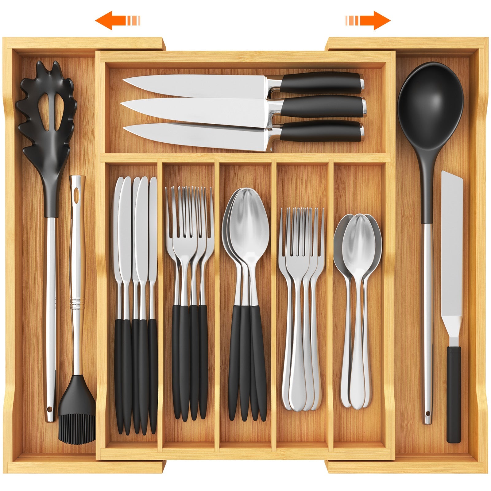 Lifewit Silverware Drawer Organizer, Bamboo Utensil Tray for Kitchen, Expandable Flatware and Cutlery Holder, Adjustable Storage for Spoons Forks Knives, Large, Natural and Black