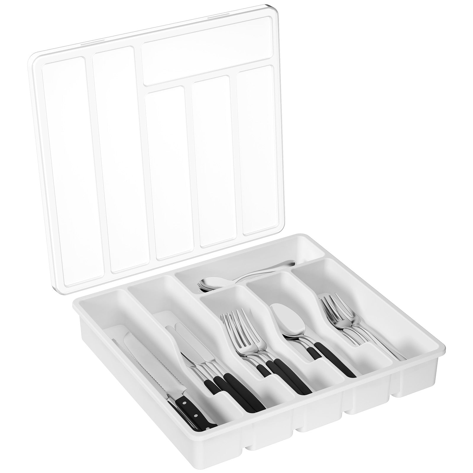 Lifewit Silverware Organizer with Lid for Kitchen Drawer Cutlery Tray, 6 Compartments, Black