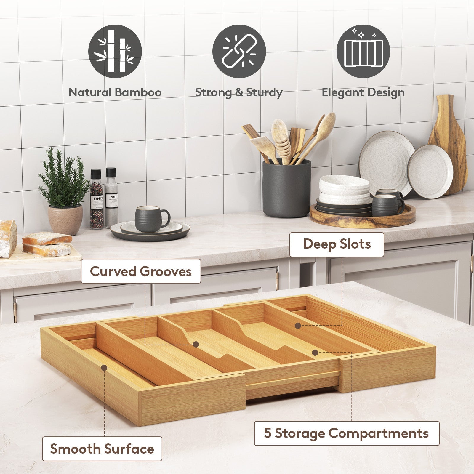 Lifewit Expandable Kitchen Bamboo Drawer Utensil Organizer, Natural