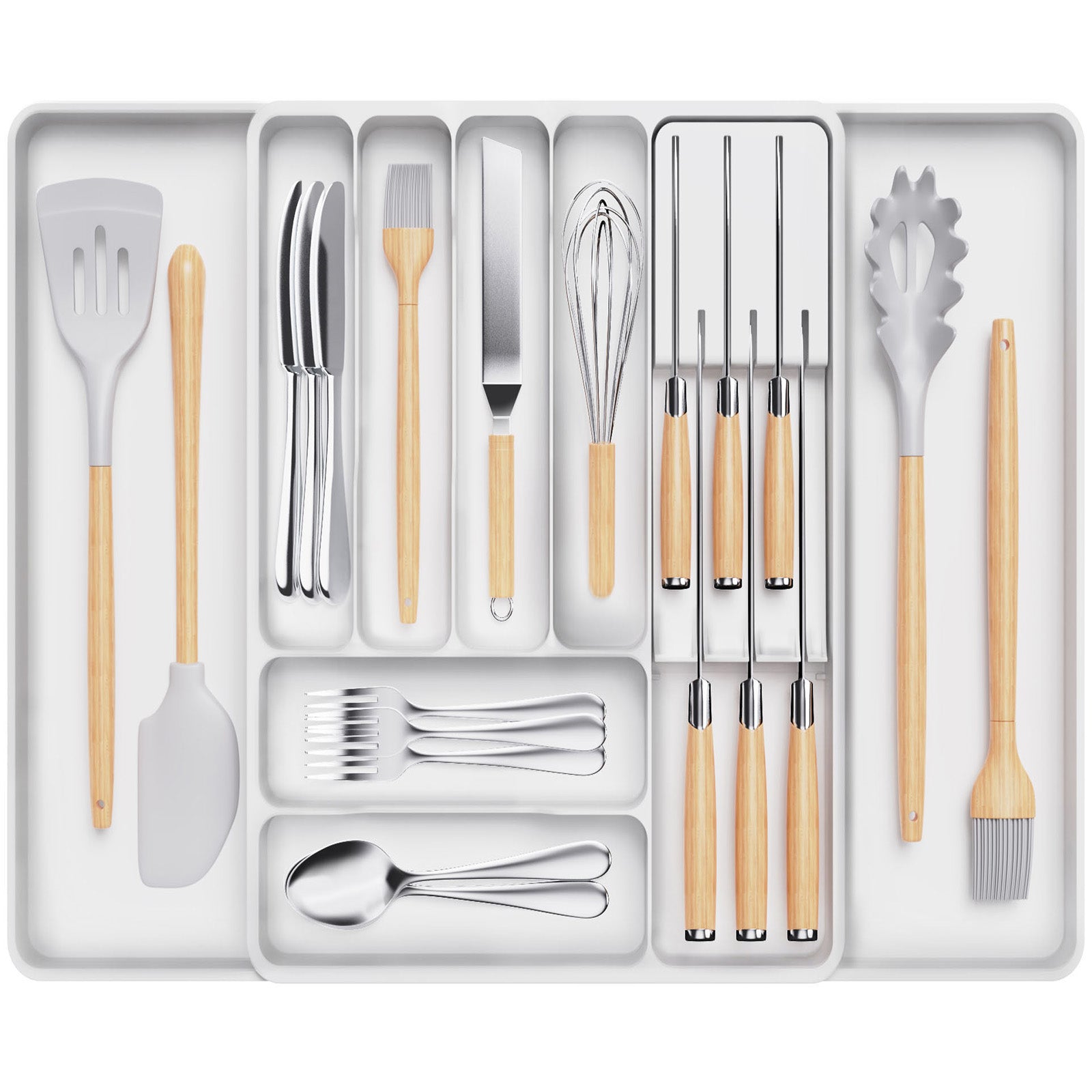 Lifewit Large Black Kitchen Drawer Silverware Organizer with Removable Knife Holder Expandable Cutlery Tray for Kitchen Drawer