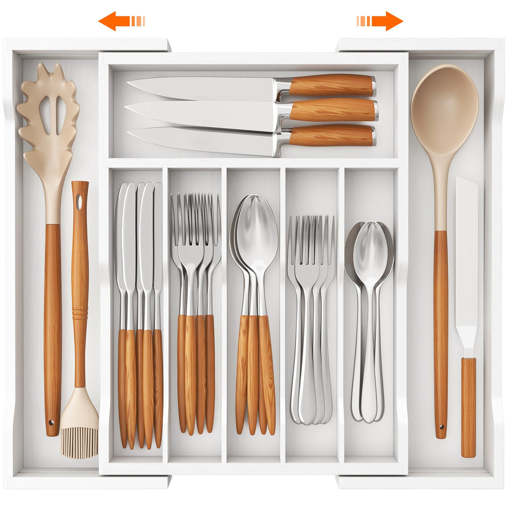 Lifewit Silverware Drawer Organizer, Bamboo Utensil Tray for Kitchen, Expandable Flatware and Cutlery Holder, Adjustable Storage for Spoons Forks Knives, Large, Natural and Black