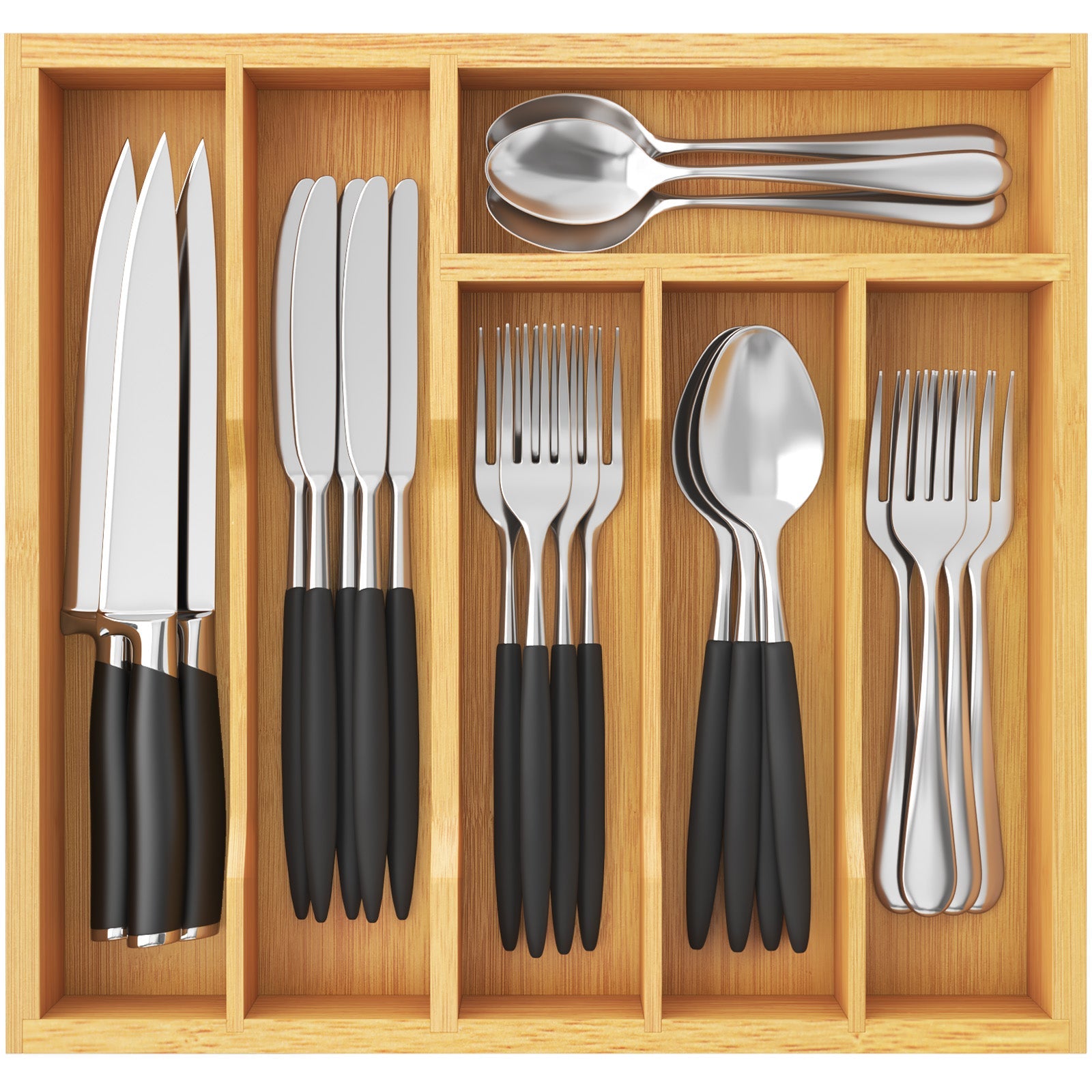 Lifewit Silverware Drawer Organizer, Bamboo Utensil Tray for Kitchen, Expandable Flatware and Cutlery Holder, Adjustable Storage for Spoons Forks Knives, Large, Natural and Black