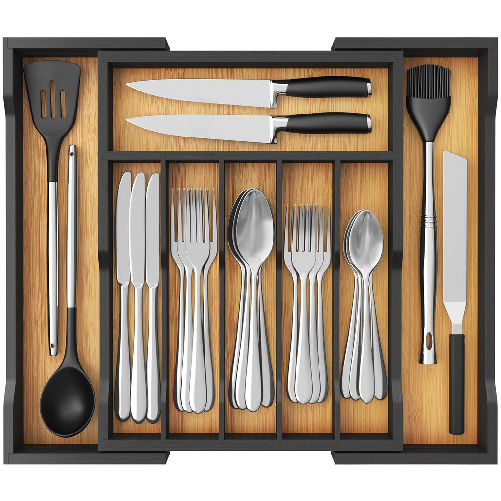Lifewit Silverware Drawer Organizer, Bamboo Utensil Tray for Kitchen, Expandable Flatware and Cutlery Holder, Adjustable Storage for Spoons Forks Knives, Large, Natural and Black