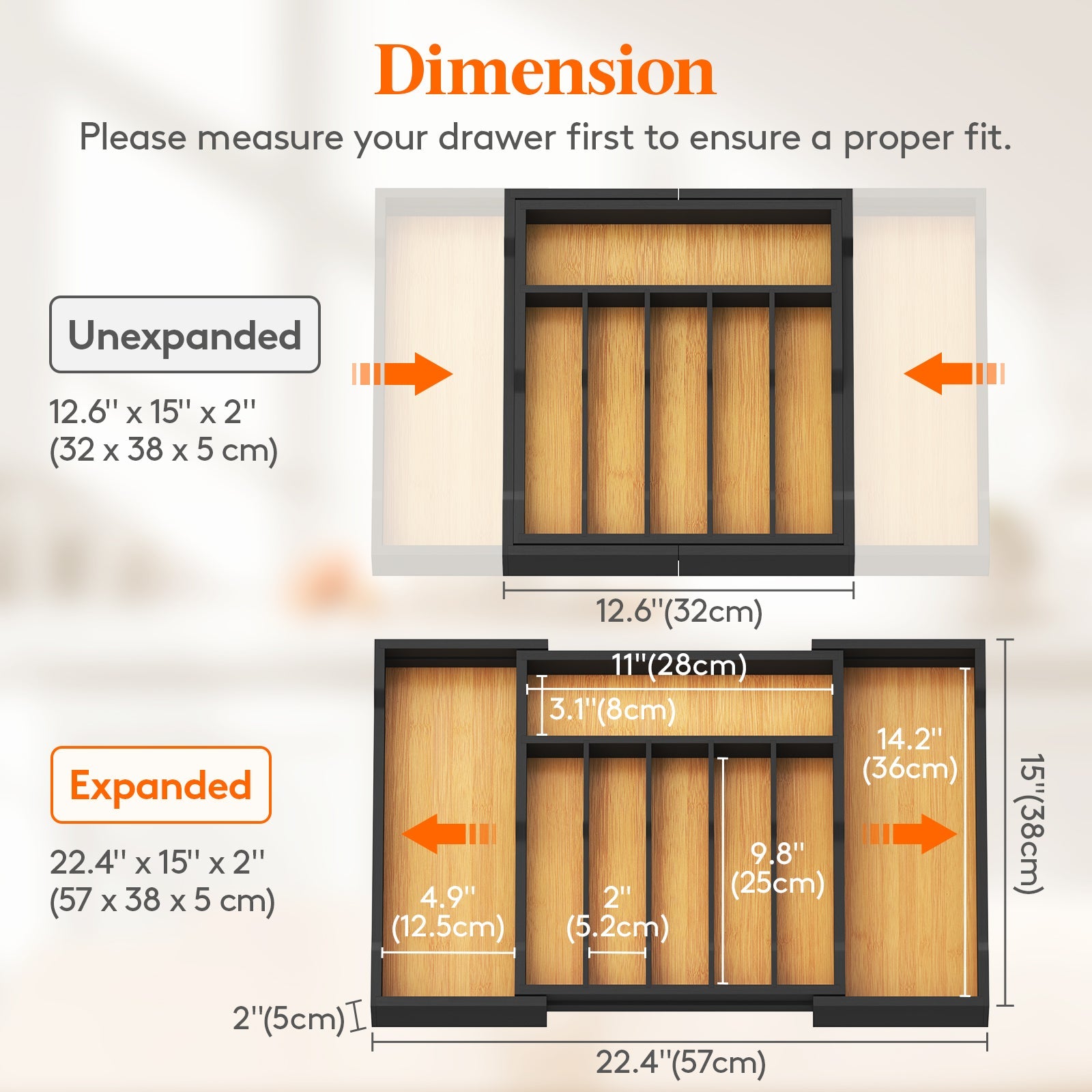 Lifewit Silverware Drawer Organizer, Bamboo Utensil Tray for Kitchen, Expandable Flatware and Cutlery Holder, Adjustable Storage for Spoons Forks Knives, Large, Natural and Black