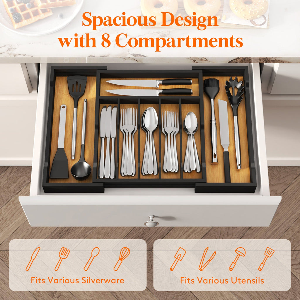 Lifewit Silverware Drawer Organizer, Bamboo Utensil Tray for Kitchen, Expandable Flatware and Cutlery Holder, Adjustable Storage for Spoons Forks Knives, Large, Natural and Black
