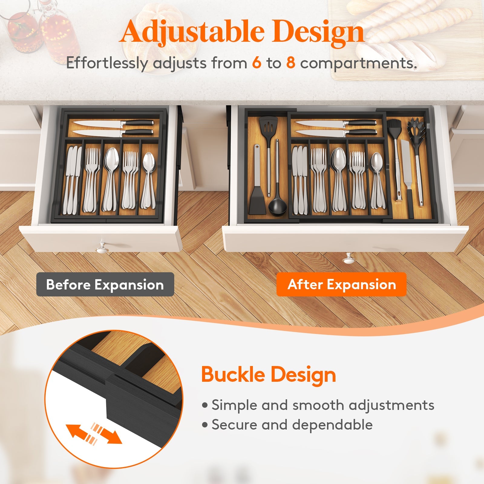 Lifewit Silverware Drawer Organizer, Bamboo Utensil Tray for Kitchen, Expandable Flatware and Cutlery Holder, Adjustable Storage for Spoons Forks Knives, Large, Natural and Black
